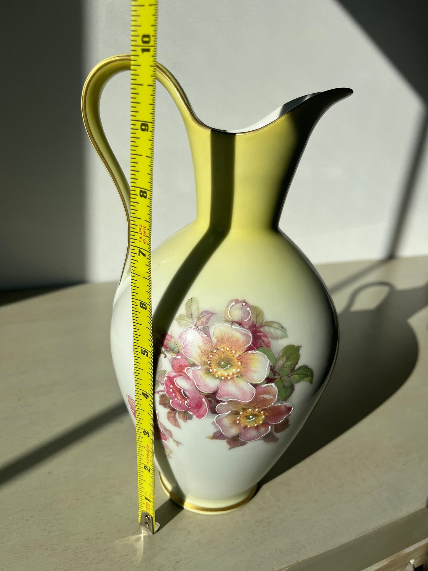 Vintage soft yellow cloissone rose vase / ewer