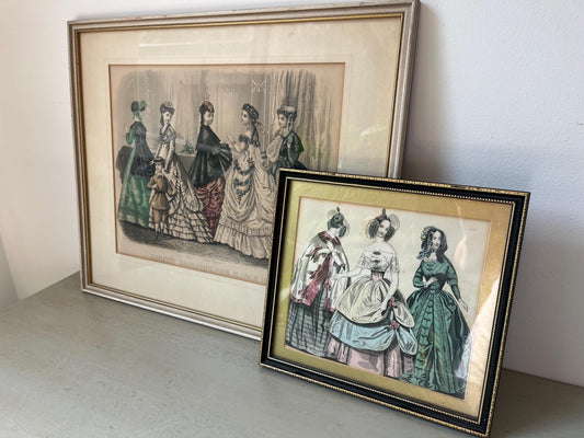 Duo of antique 19th century framed French Hand-Colored Fashion Plate Litographs