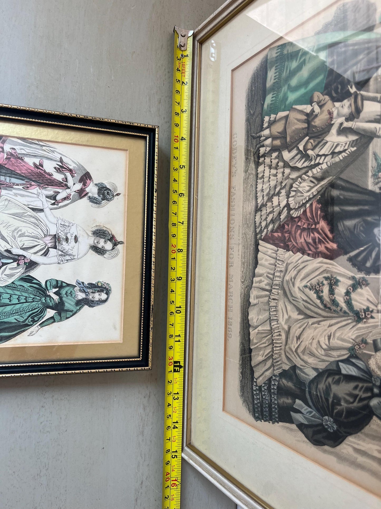Duo of antique 19th century framed French Hand-Colored Fashion Plate Litographs