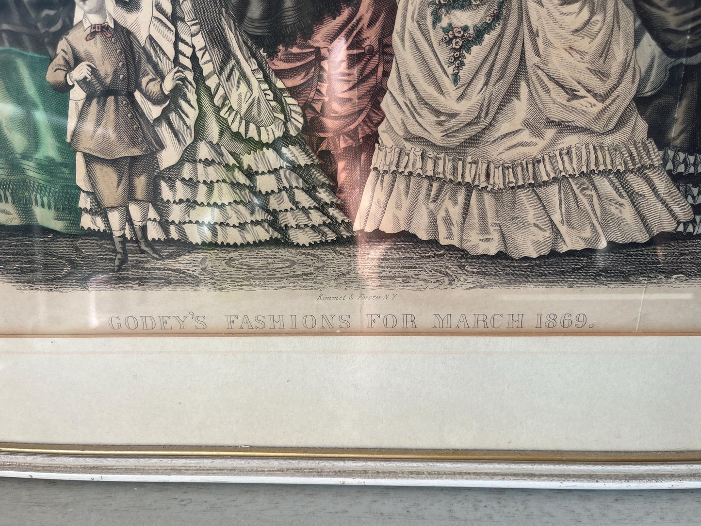 Duo of antique 19th century framed French Hand-Colored Fashion Plate Litographs