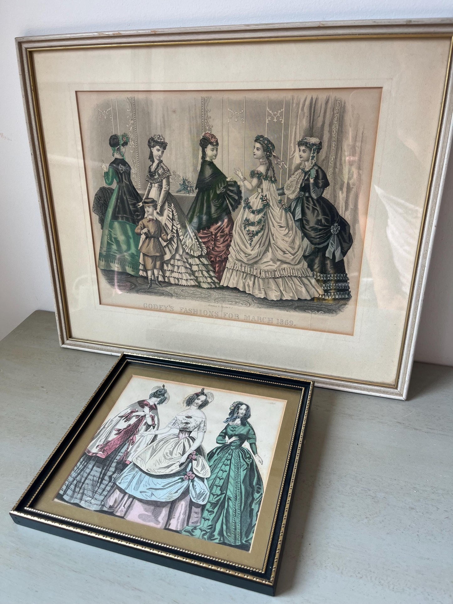 Duo of antique 19th century framed French Hand-Colored Fashion Plate Litographs