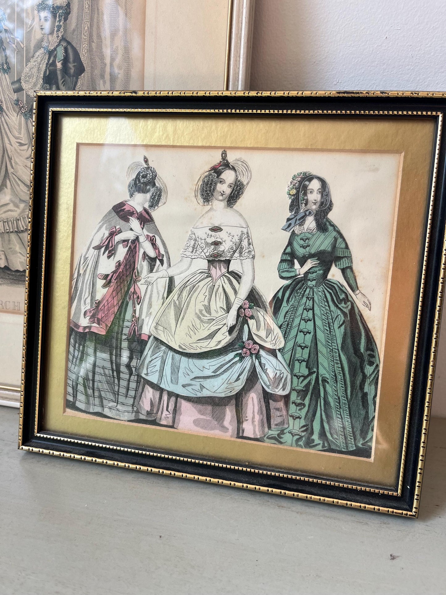 Duo of antique 19th century framed French Hand-Colored Fashion Plate Litographs