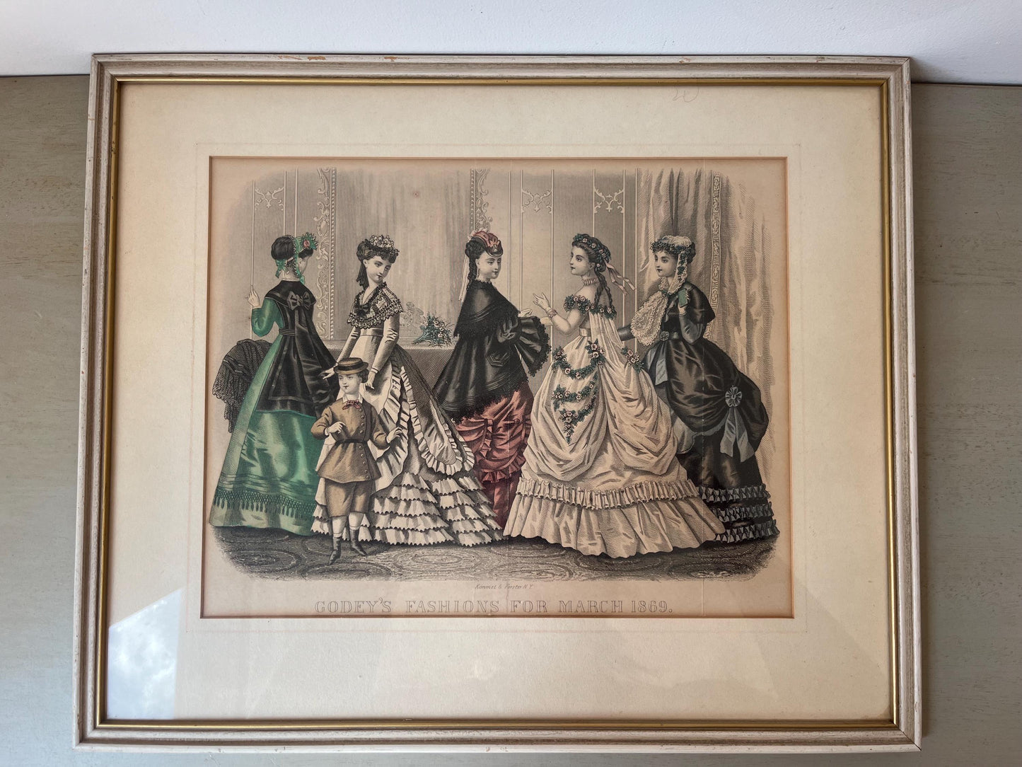 Duo of antique 19th century framed French Hand-Colored Fashion Plate Litographs