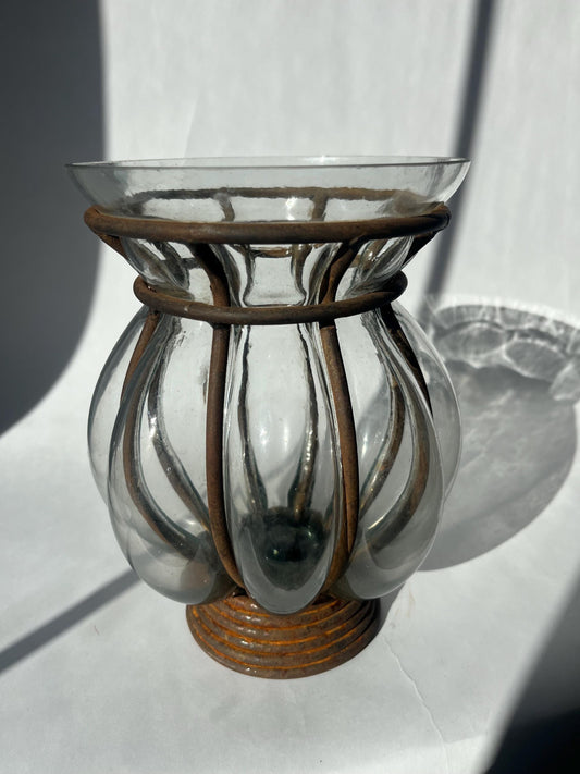 Vintage hand-blown glass caged vase or candle holder in metal frame