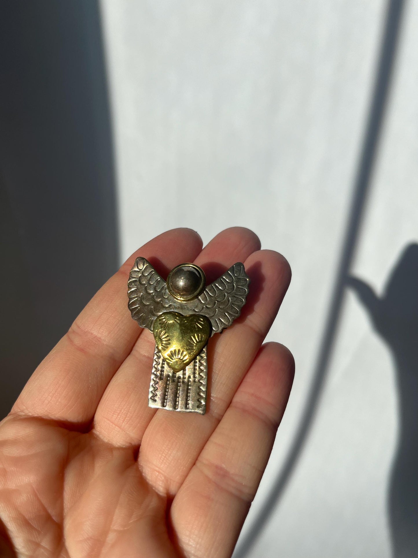 Vintage Mexico Sterling Silver Brass 2 toned Angel Brooch or Pendant