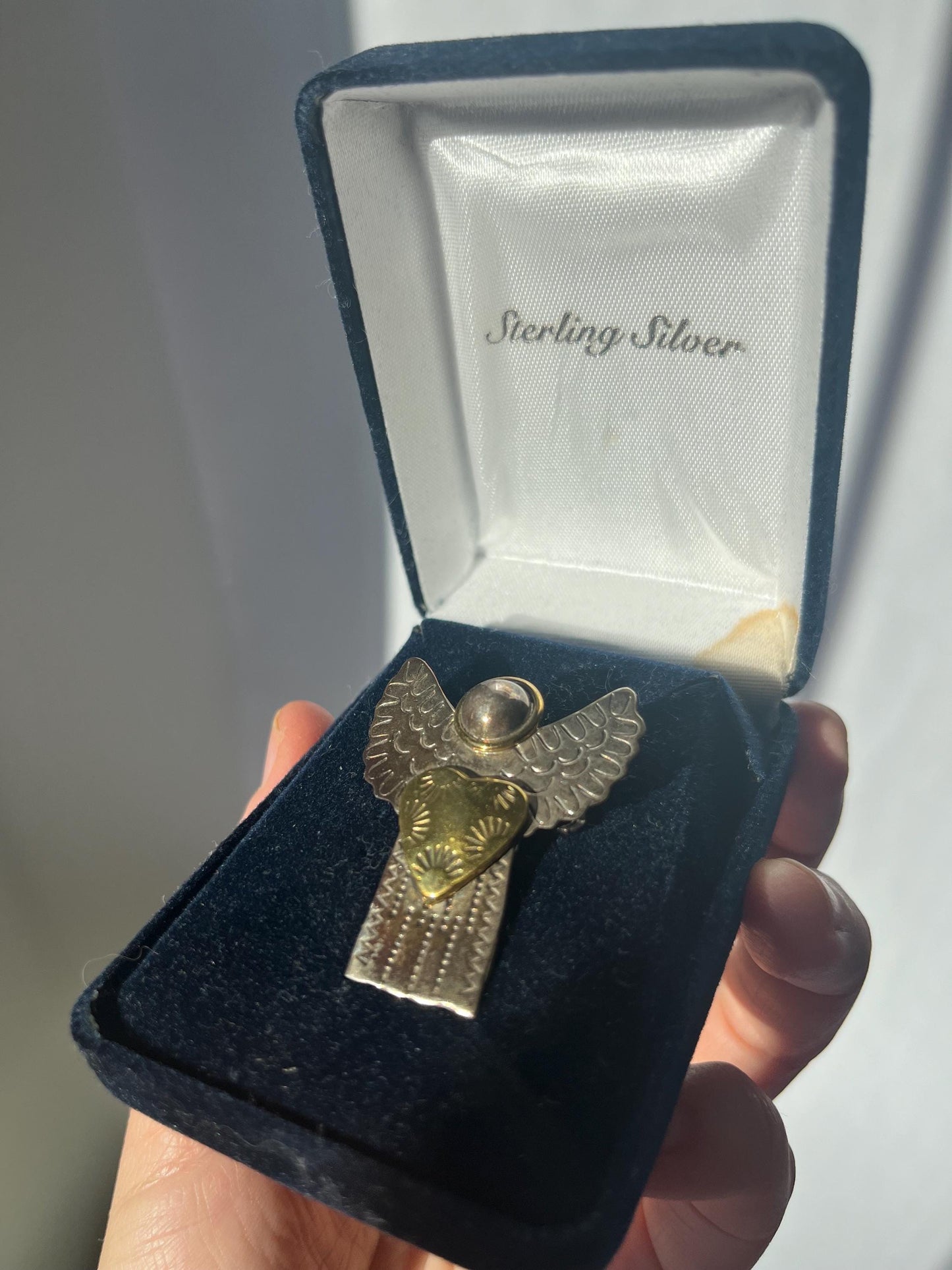 Vintage Mexico Sterling Silver Brass 2 toned Angel Brooch or Pendant