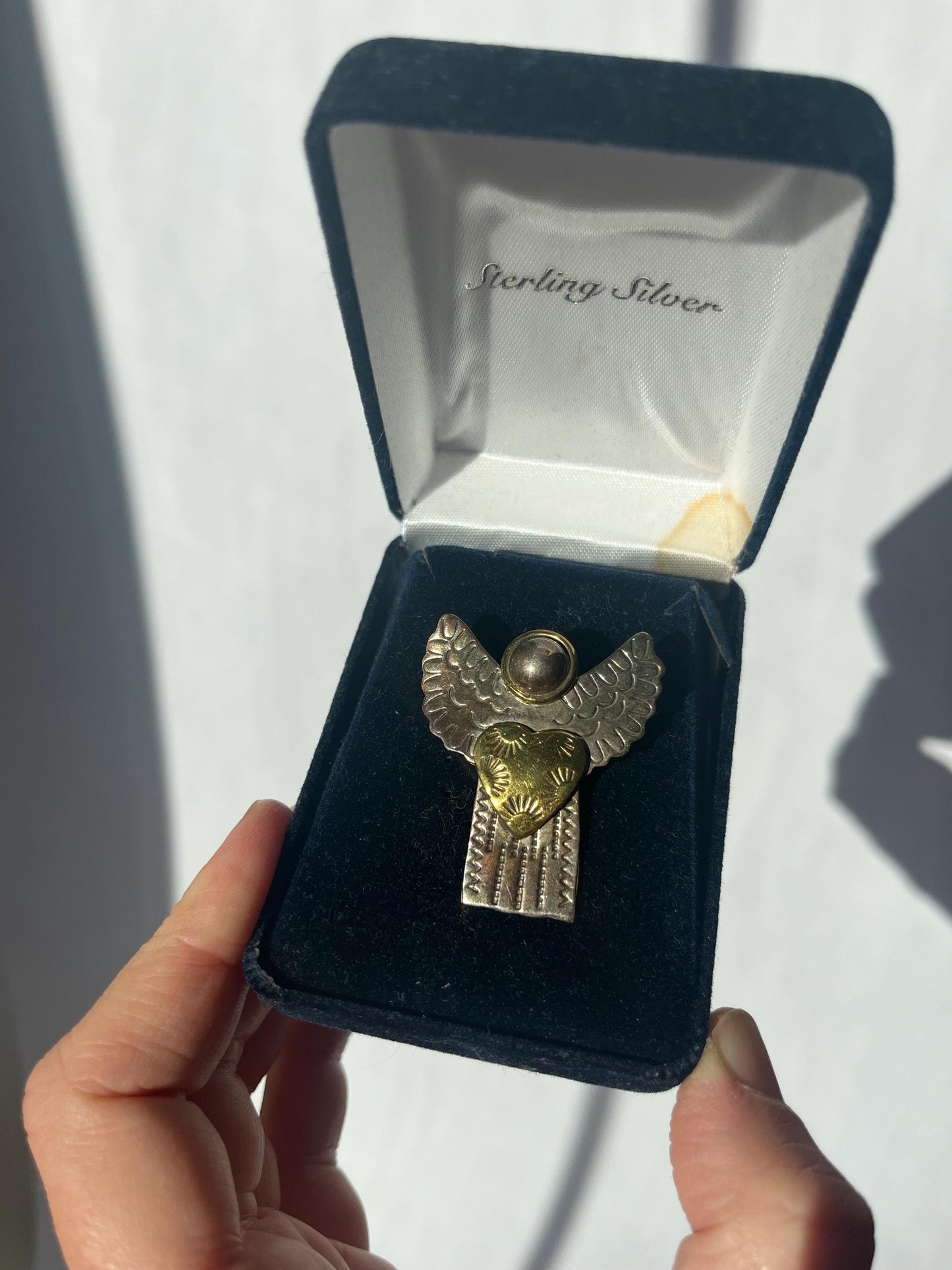 Vintage Mexico Sterling Silver Brass 2 toned Angel Brooch or Pendant