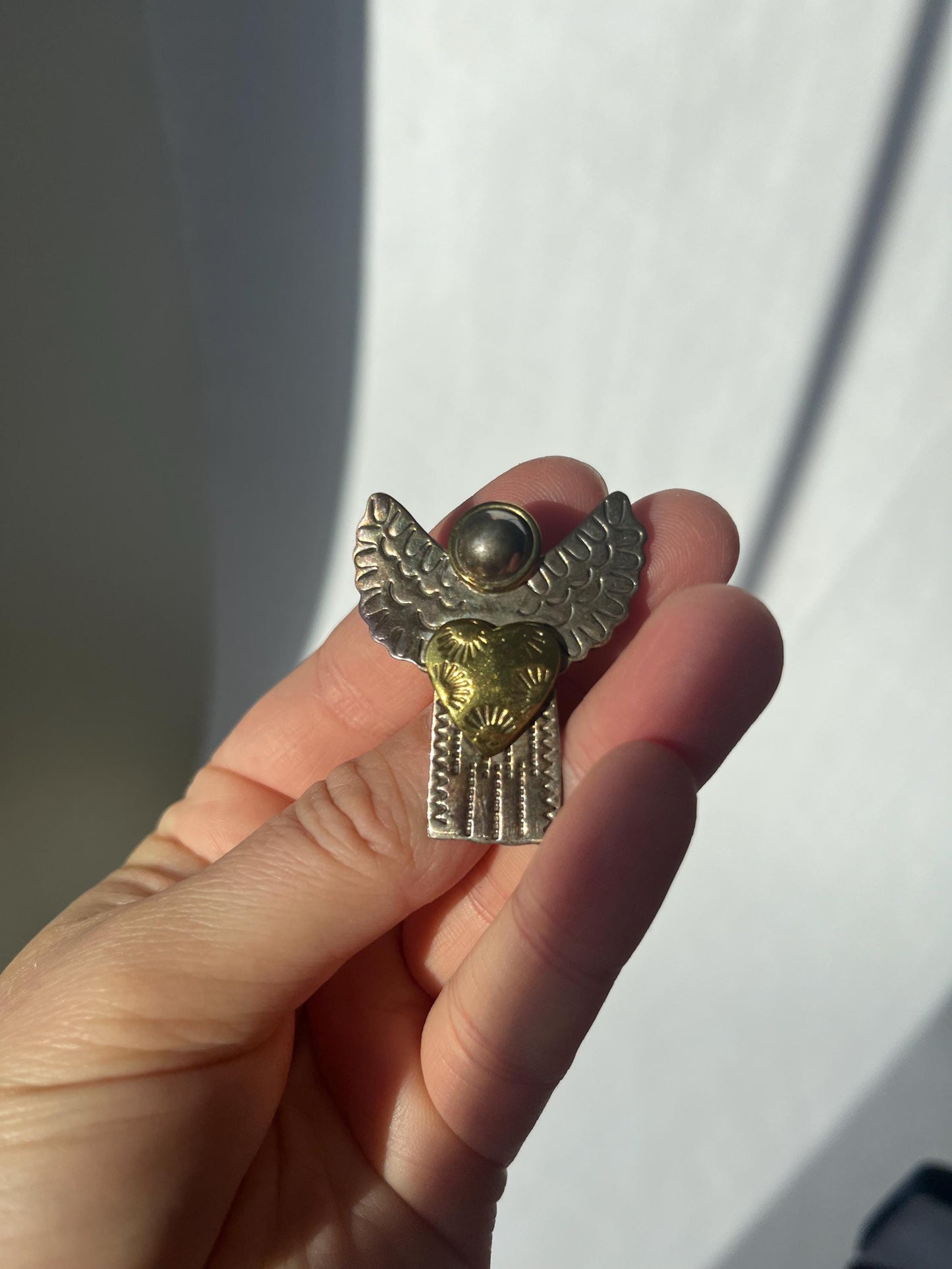Vintage Mexico Sterling Silver Brass 2 toned Angel Brooch or Pendant