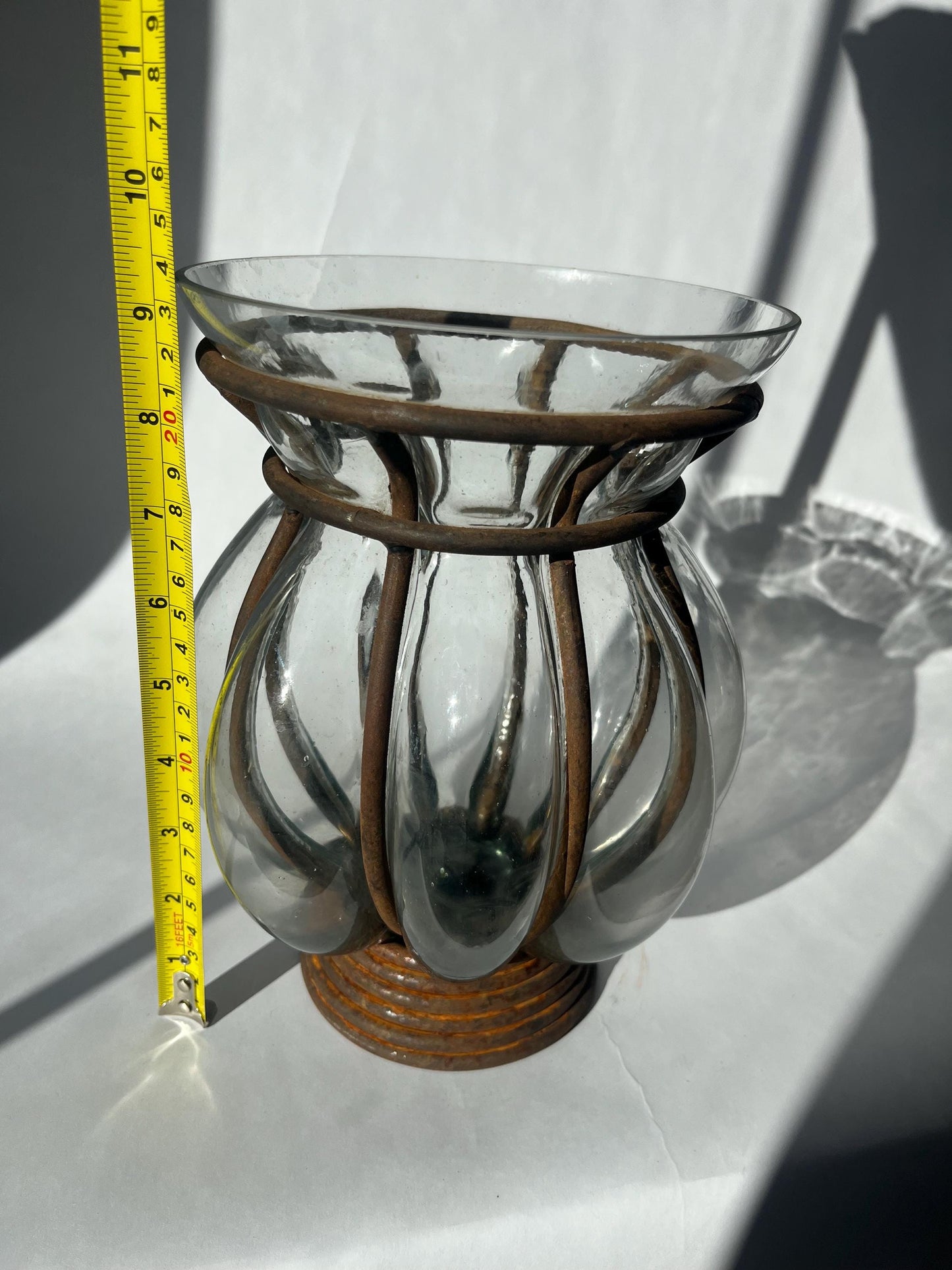 Vintage hand-blown glass caged vase or candle holder in metal frame