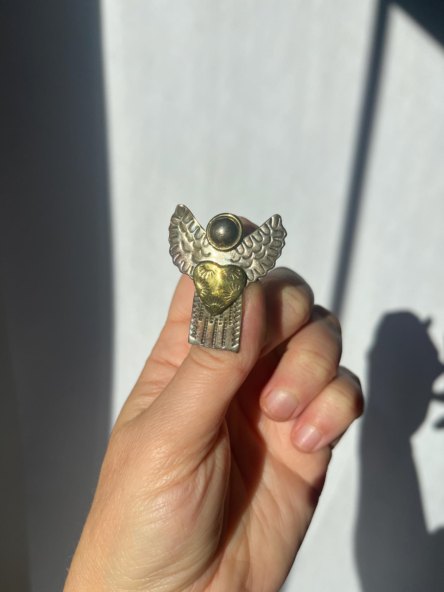 Vintage Mexico Sterling Silver Brass 2 toned Angel Brooch or Pendant