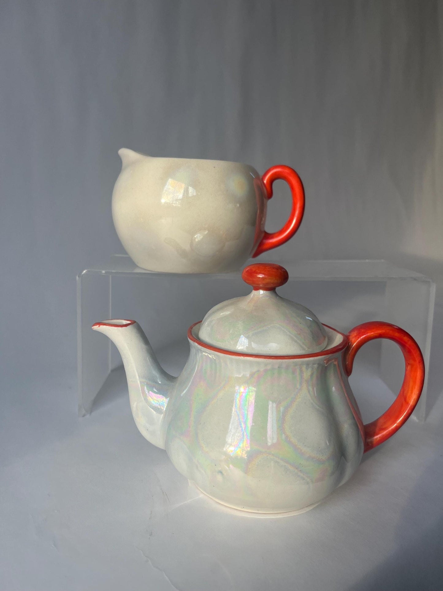 Vintage White Luster Ware Tea Set Teapot and Creamer Made in Czechoslovakia