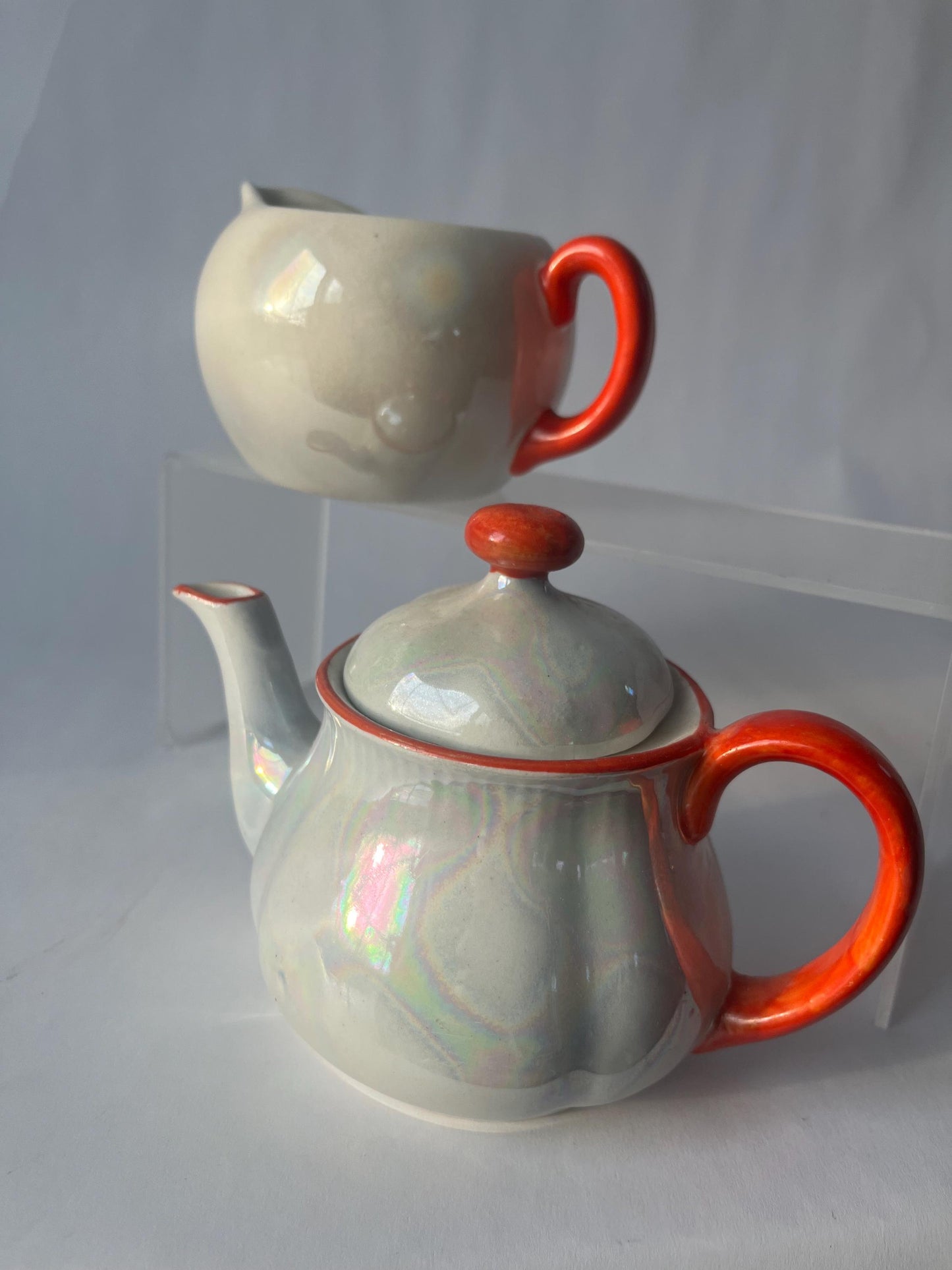 Vintage White Luster Ware Tea Set Teapot and Creamer Made in Czechoslovakia
