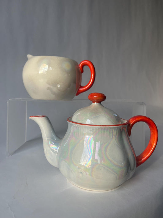 Vintage White Luster Ware Tea Set Teapot and Creamer Made in Czechoslovakia
