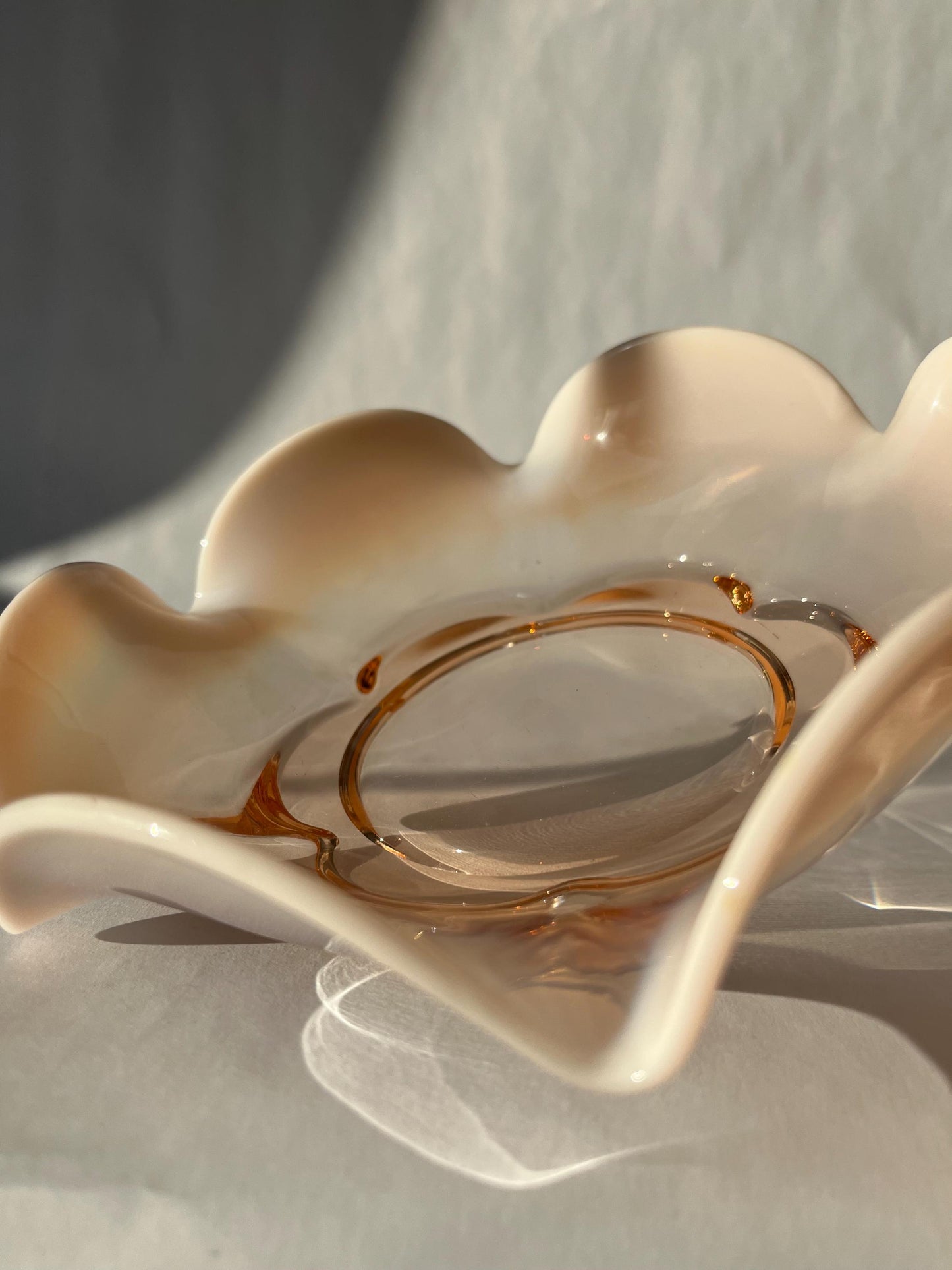 Vintage 1960s Vintage Duncan & Miller Glass Canterbury Pink Ruffled Milky Edge Candy Bowl