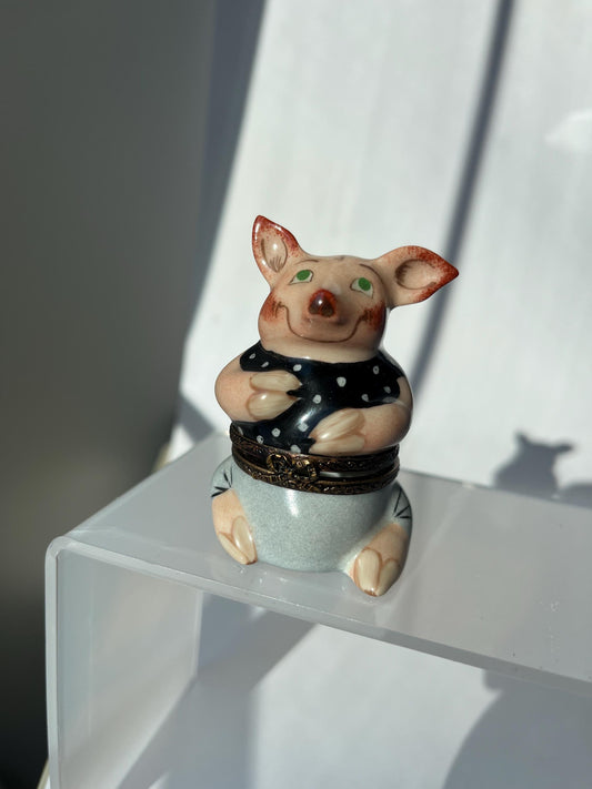 Limoges France Mini Pig Trinket Box Hand Painted