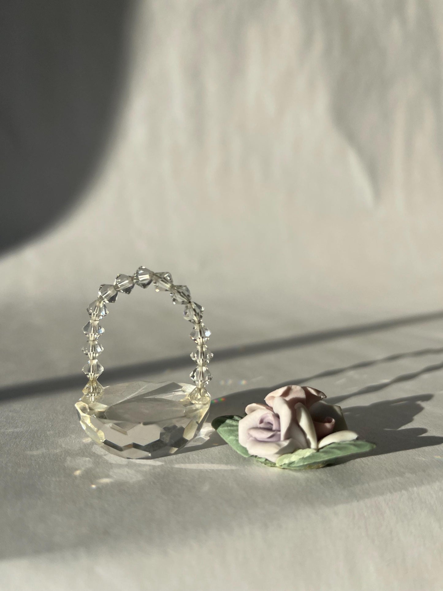 Miniature Vintage Clear Crystal Glass Basket with Flowers