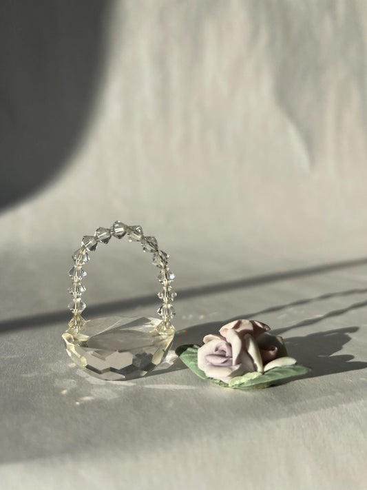Miniature Vintage Clear Crystal Glass Basket with Flowers
