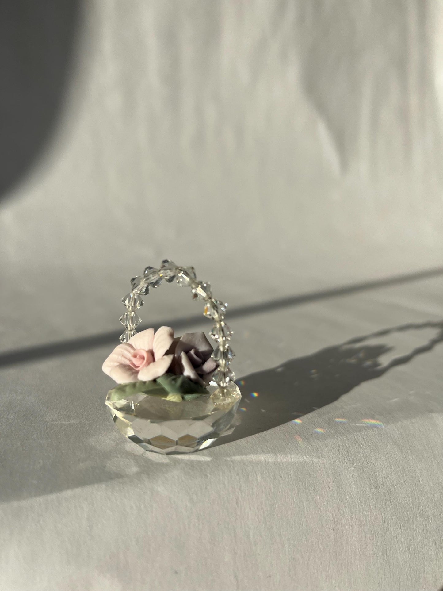 Miniature Vintage Clear Crystal Glass Basket with Flowers
