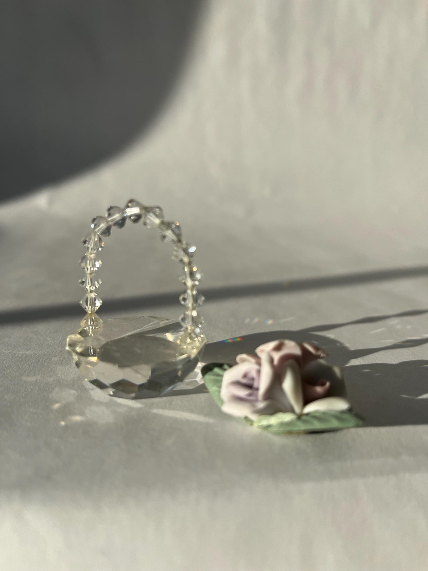 Miniature Vintage Clear Crystal Glass Basket with Flowers