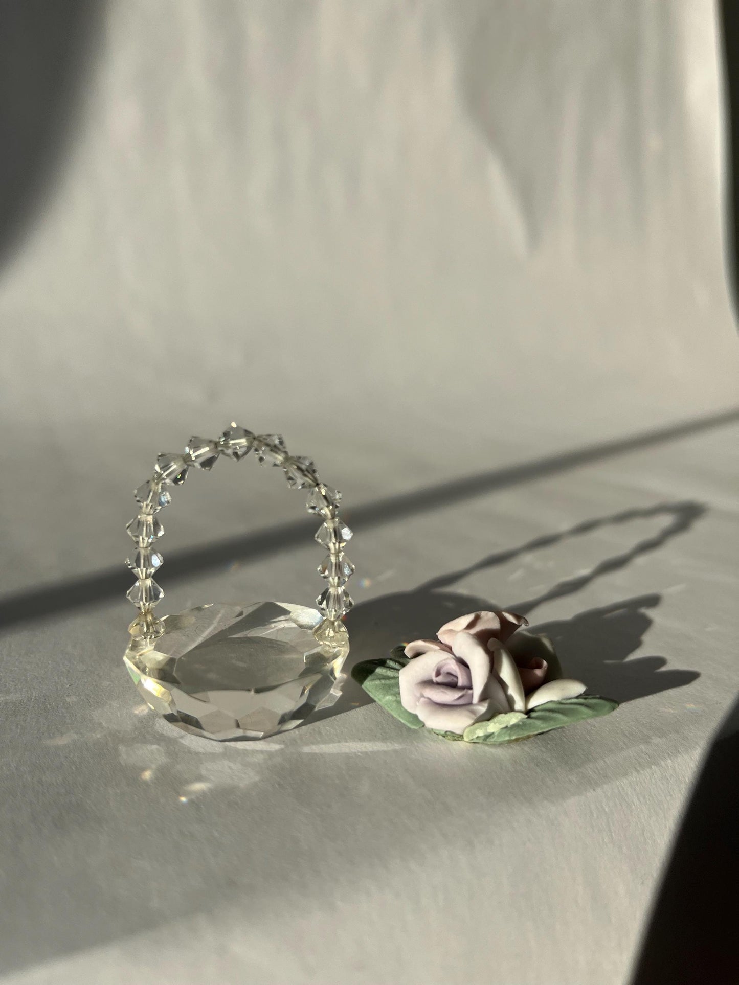 Miniature Vintage Clear Crystal Glass Basket with Flowers