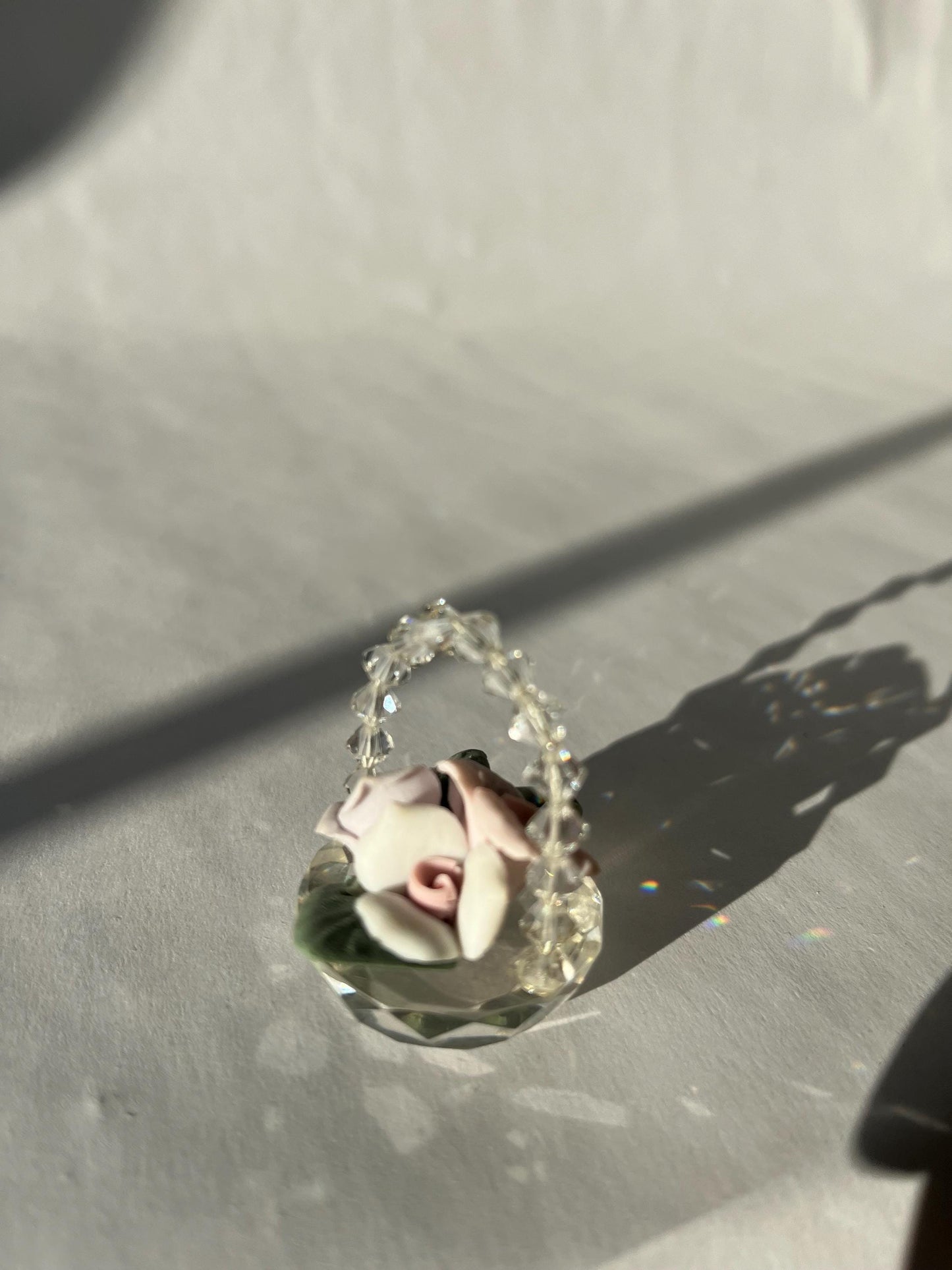 Miniature Vintage Clear Crystal Glass Basket with Flowers