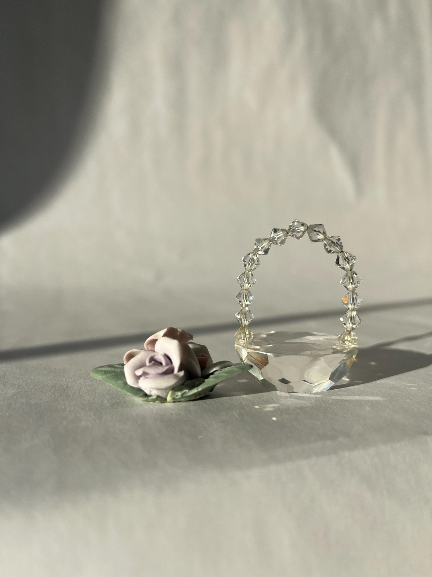 Miniature Vintage Clear Crystal Glass Basket with Flowers