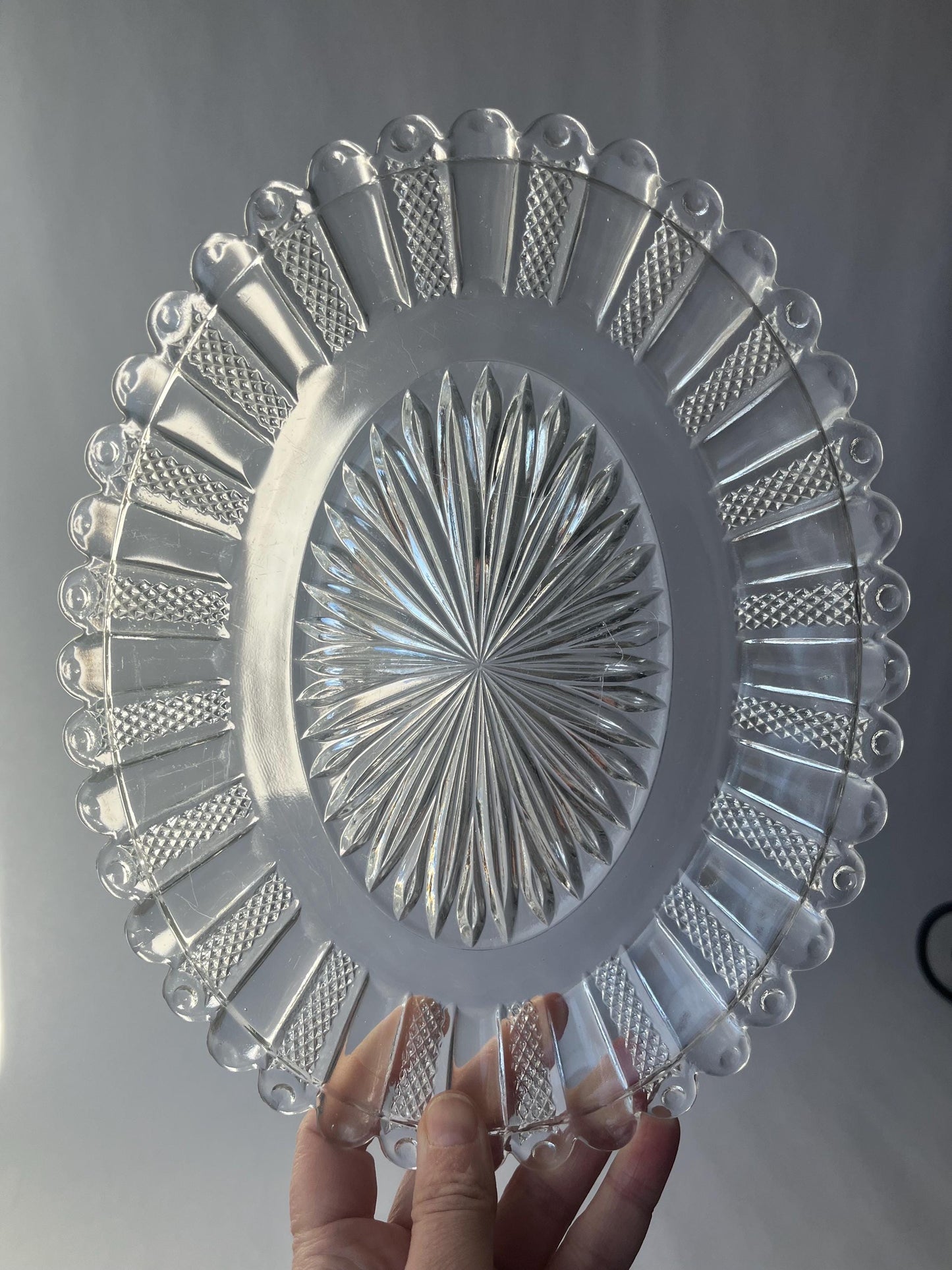 Vintage Pair of Oval Clear Glass PANELLED DIAMOND POINT trays