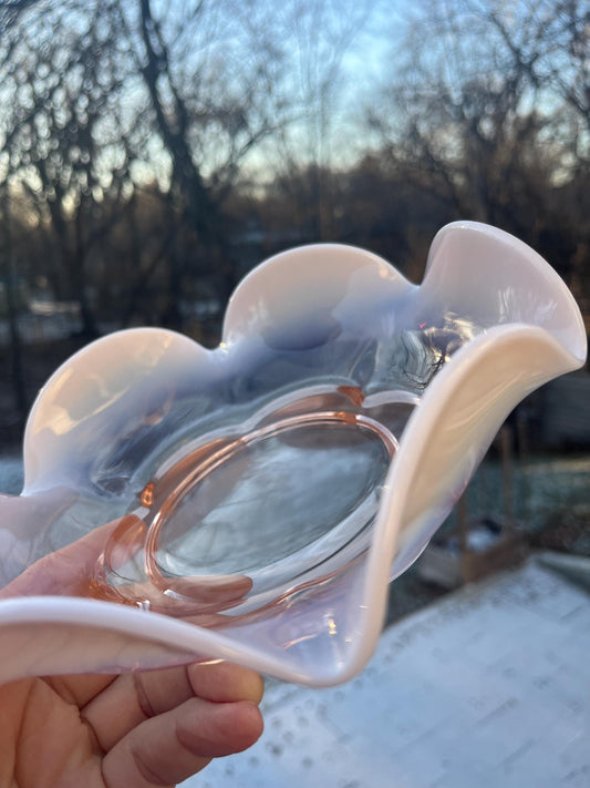 Vintage 1960s Vintage Duncan & Miller Glass Canterbury Pink Ruffled Milky Edge Candy Bowl