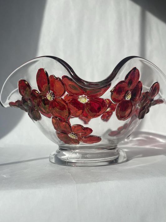 Stunning Colony Glass Dogwood Scalloped Glass Bowl Ruby Red Flowers