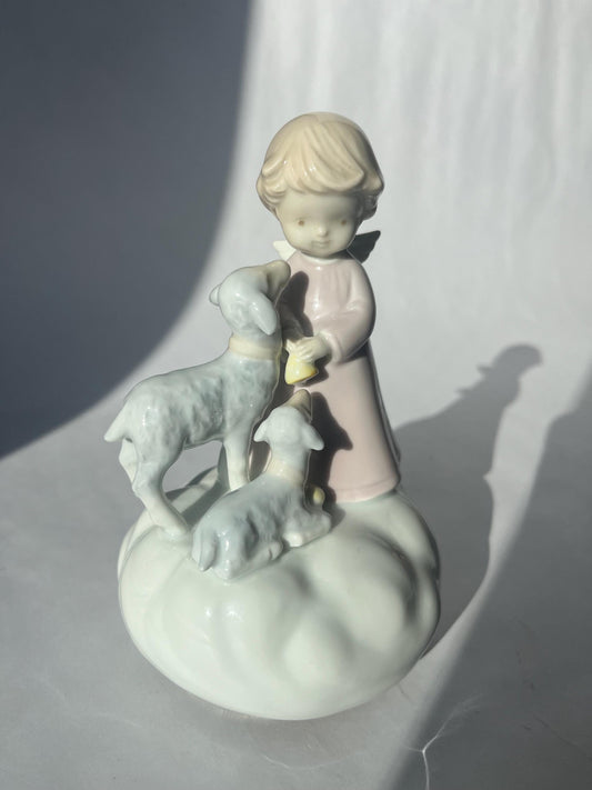 Vintage Roman Japan Porcelain Music Box Baby Angel And Lambs