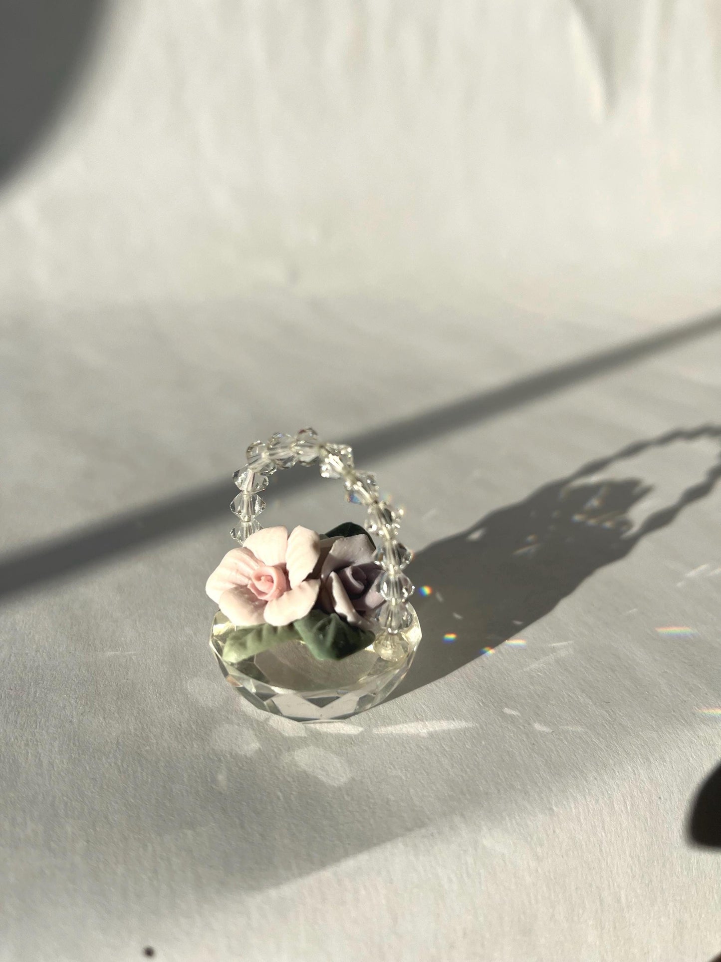 Miniature Vintage Clear Crystal Glass Basket with Flowers