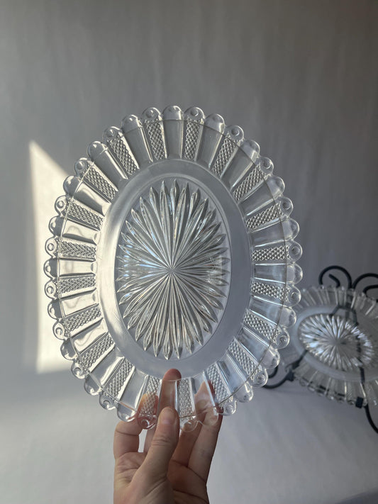 Vintage Pair of Oval Clear Glass PANELLED DIAMOND POINT trays