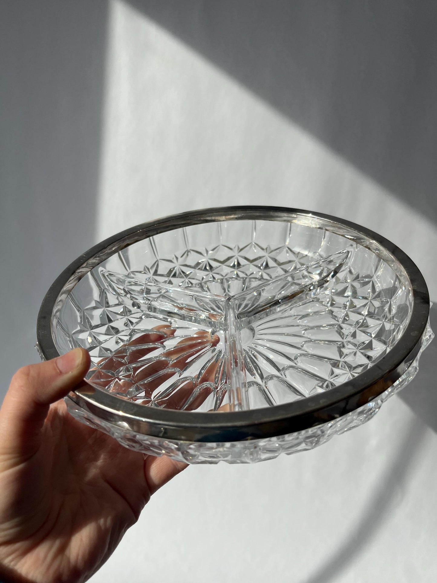 Vintage Clear Cut 3 Section Crystal Bowl with Silver Plate Rim and Lid