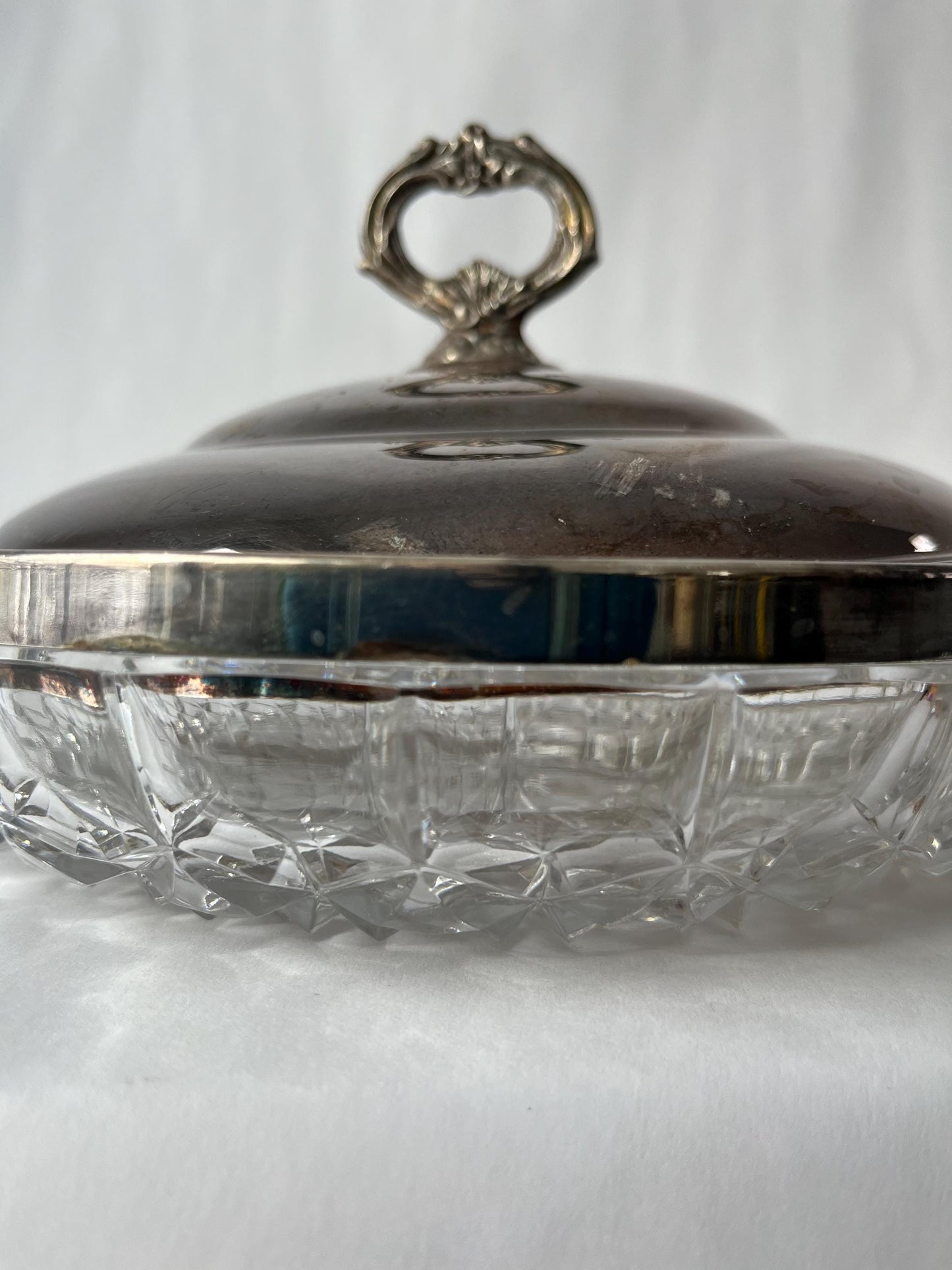 Vintage Clear Cut 3 Section Crystal Bowl with Silver Plate Rim and Lid