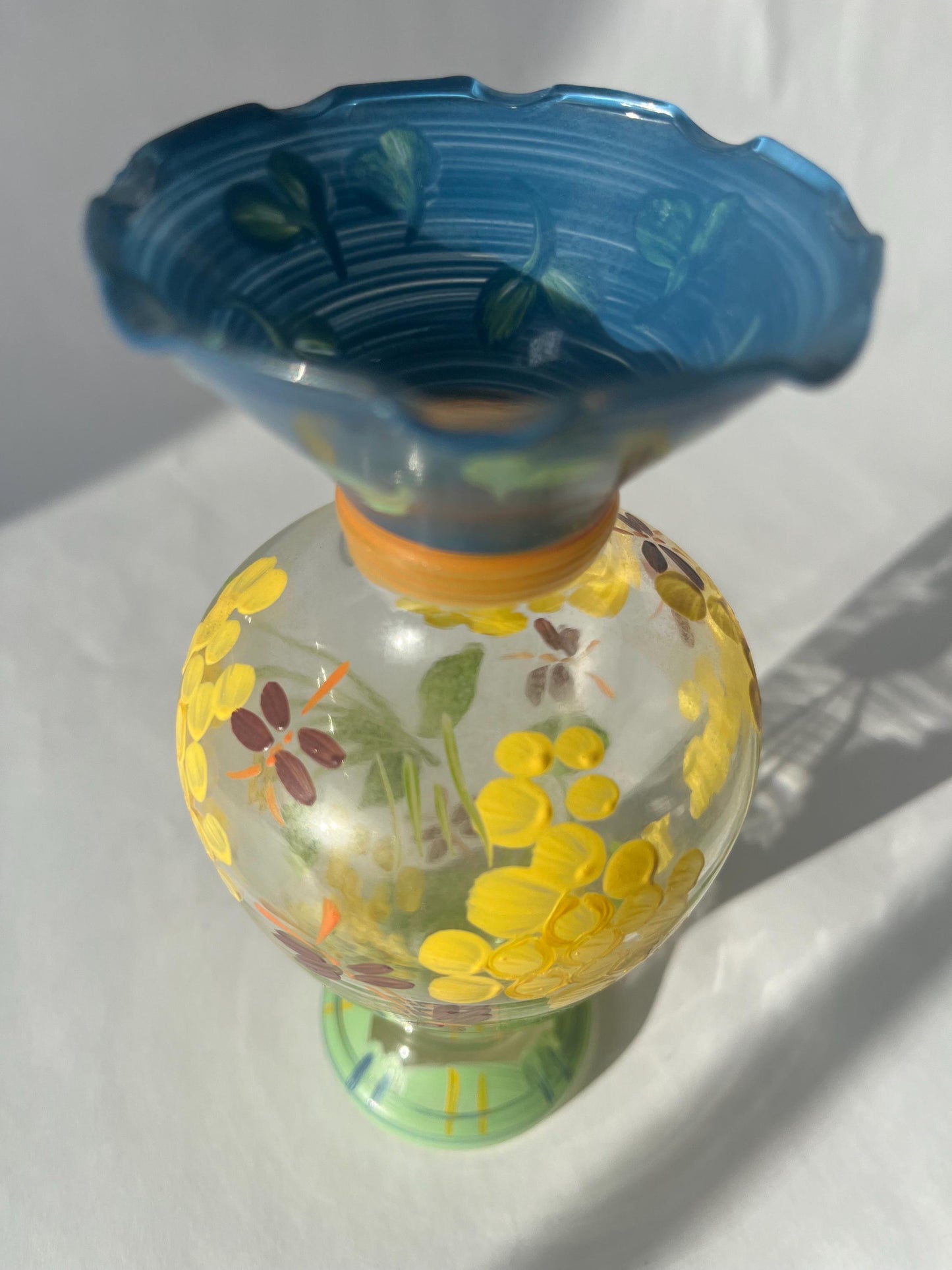 Vintage Tracy Porter Clear Glass Handpainted Glass Vase with Fliwers and Dragonflies