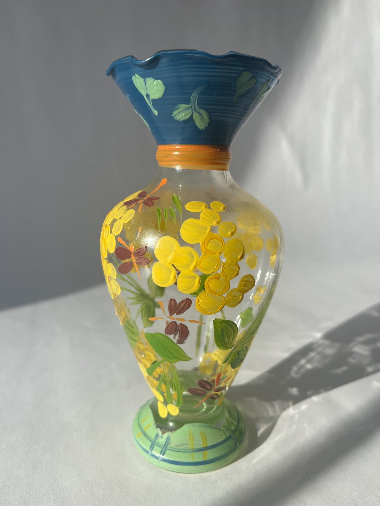 Vintage Tracy Porter Clear Glass Handpainted Glass Vase with Fliwers and Dragonflies