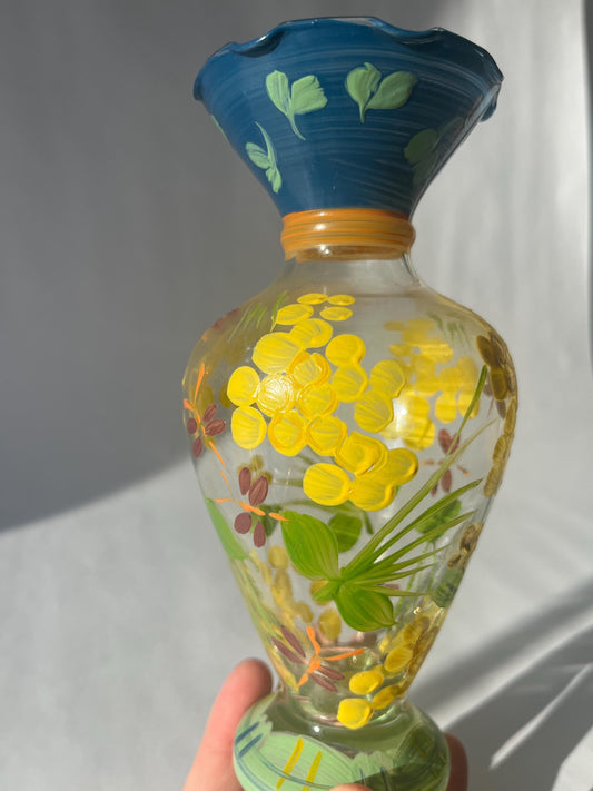 Vintage Tracy Porter Clear Glass Handpainted Glass Vase with Fliwers and Dragonflies