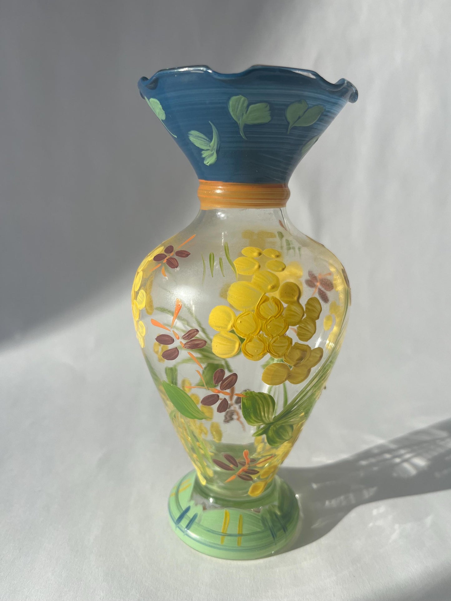 Vintage Tracy Porter Clear Glass Handpainted Glass Vase with Fliwers and Dragonflies