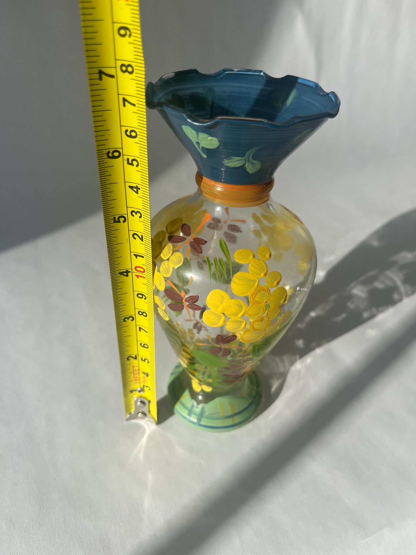 Vintage Tracy Porter Clear Glass Handpainted Glass Vase with Fliwers and Dragonflies