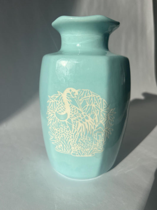 Lovely Mini Vintage Light Blue Vase Bird and Foliage