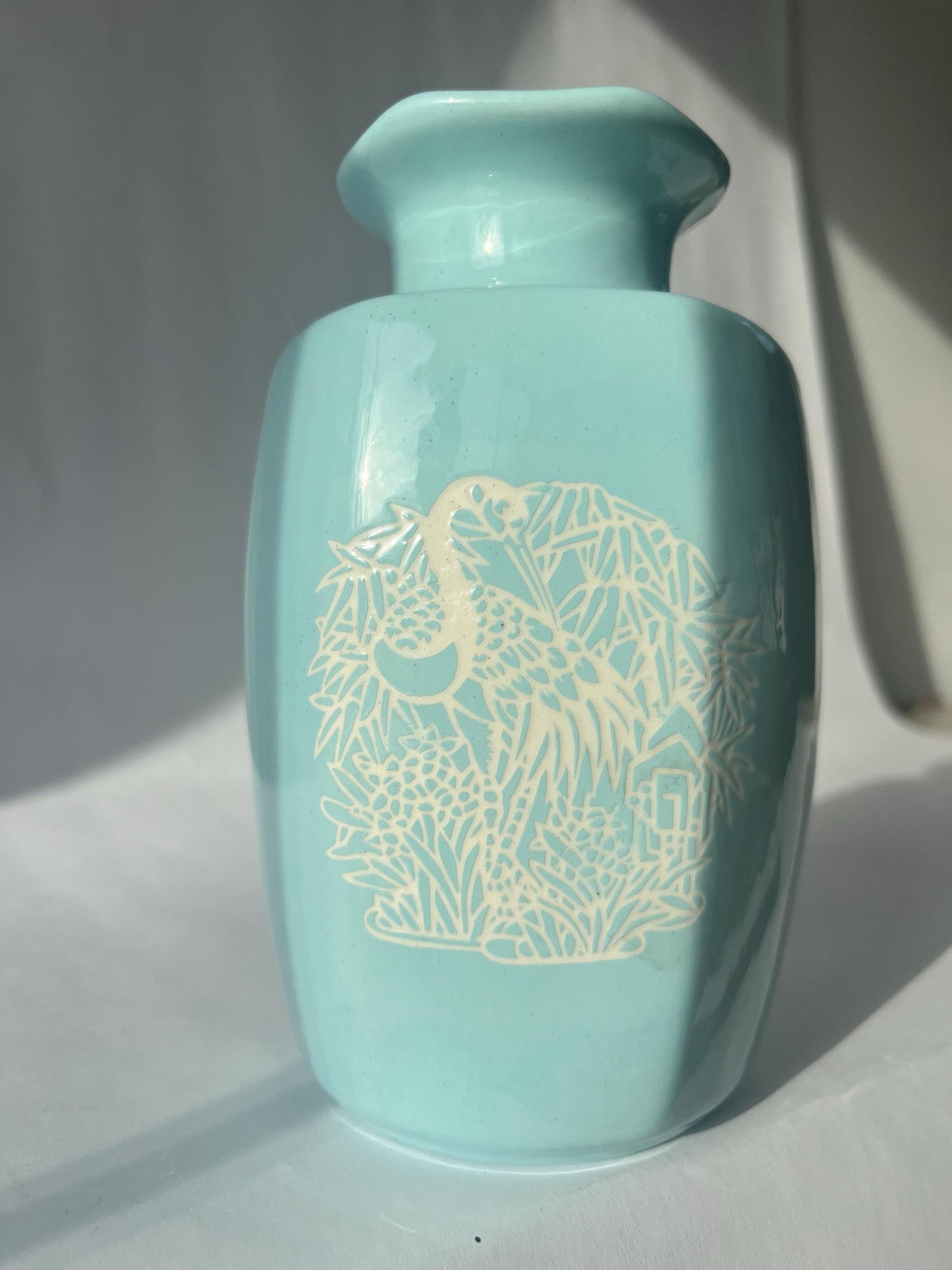 Lovely Mini Vintage Light Blue Vase Bird and Foliage