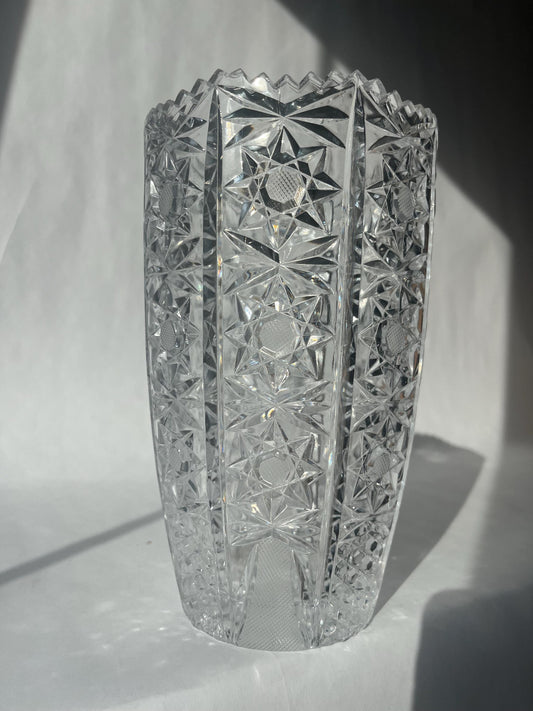 Beautiful Vintage Bohemian Cut Crystal Glass Vase Queens Lace