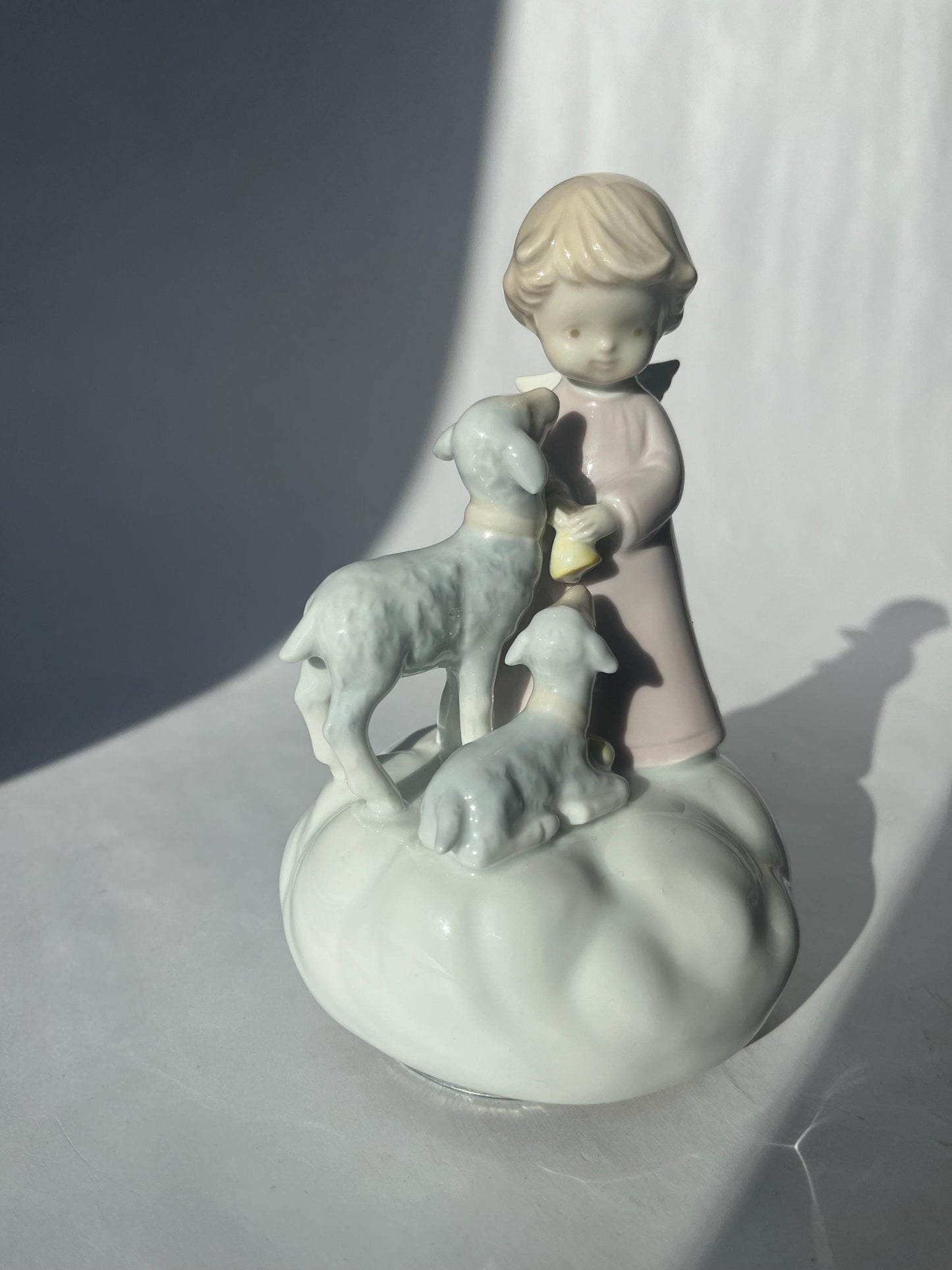 Vintage Roman Japan Porcelain Music Box Baby Angel And Lambs