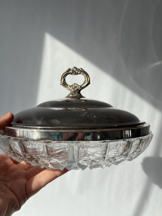 Vintage Clear Cut 3 Section Crystal Bowl with Silver Plate Rim and Lid