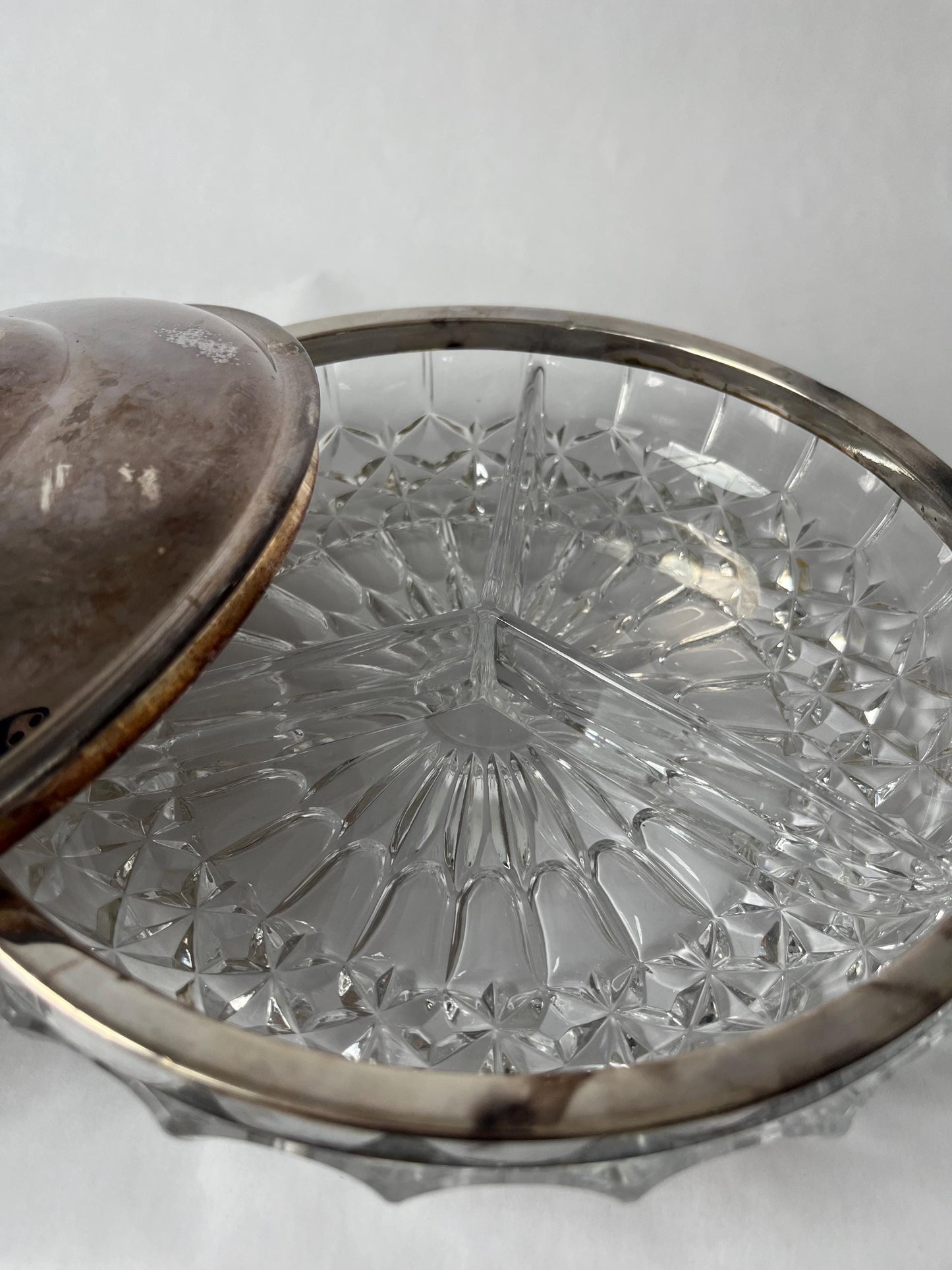 Vintage Clear Cut 3 Section Crystal Bowl with Silver Plate Rim and Lid