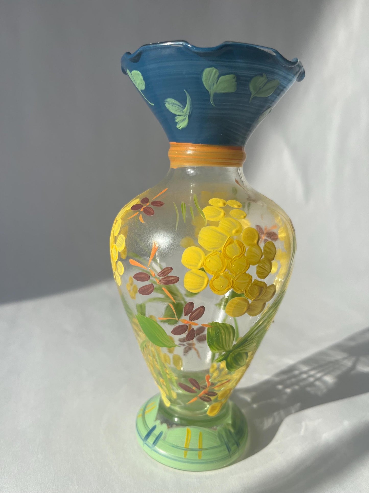 Vintage Tracy Porter Clear Glass Handpainted Glass Vase with Fliwers and Dragonflies