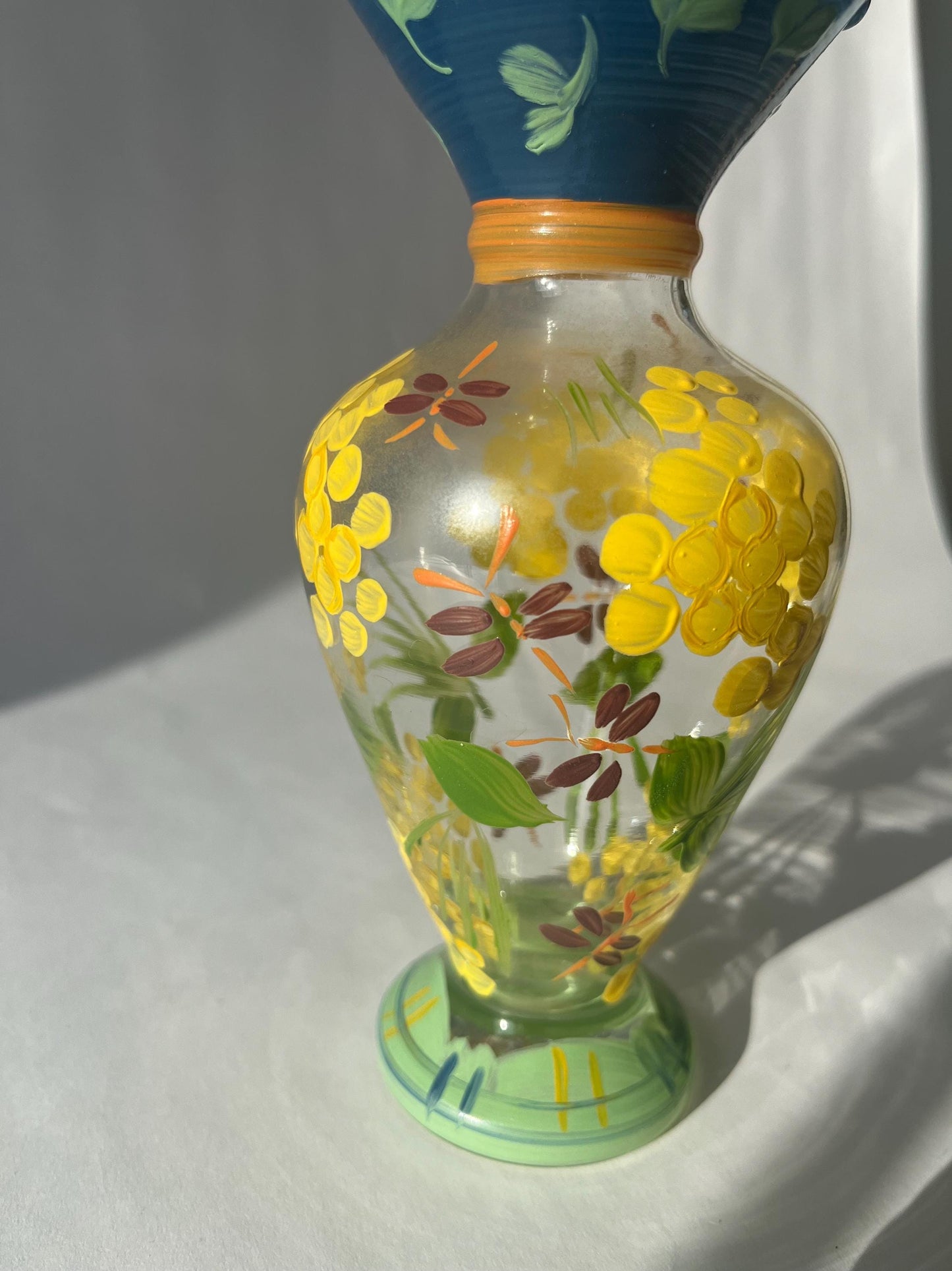 Vintage Tracy Porter Clear Glass Handpainted Glass Vase with Fliwers and Dragonflies