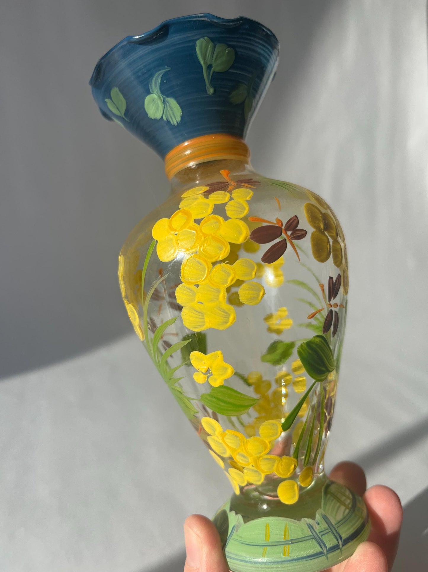 Vintage Tracy Porter Clear Glass Handpainted Glass Vase with Fliwers and Dragonflies
