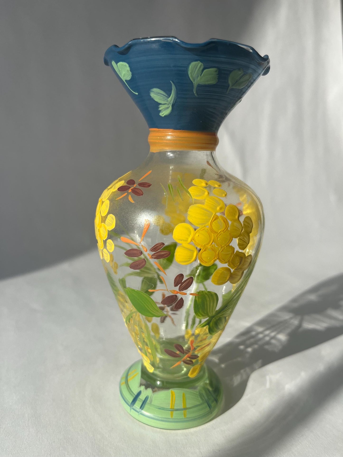 Vintage Tracy Porter Clear Glass Handpainted Glass Vase with Fliwers and Dragonflies