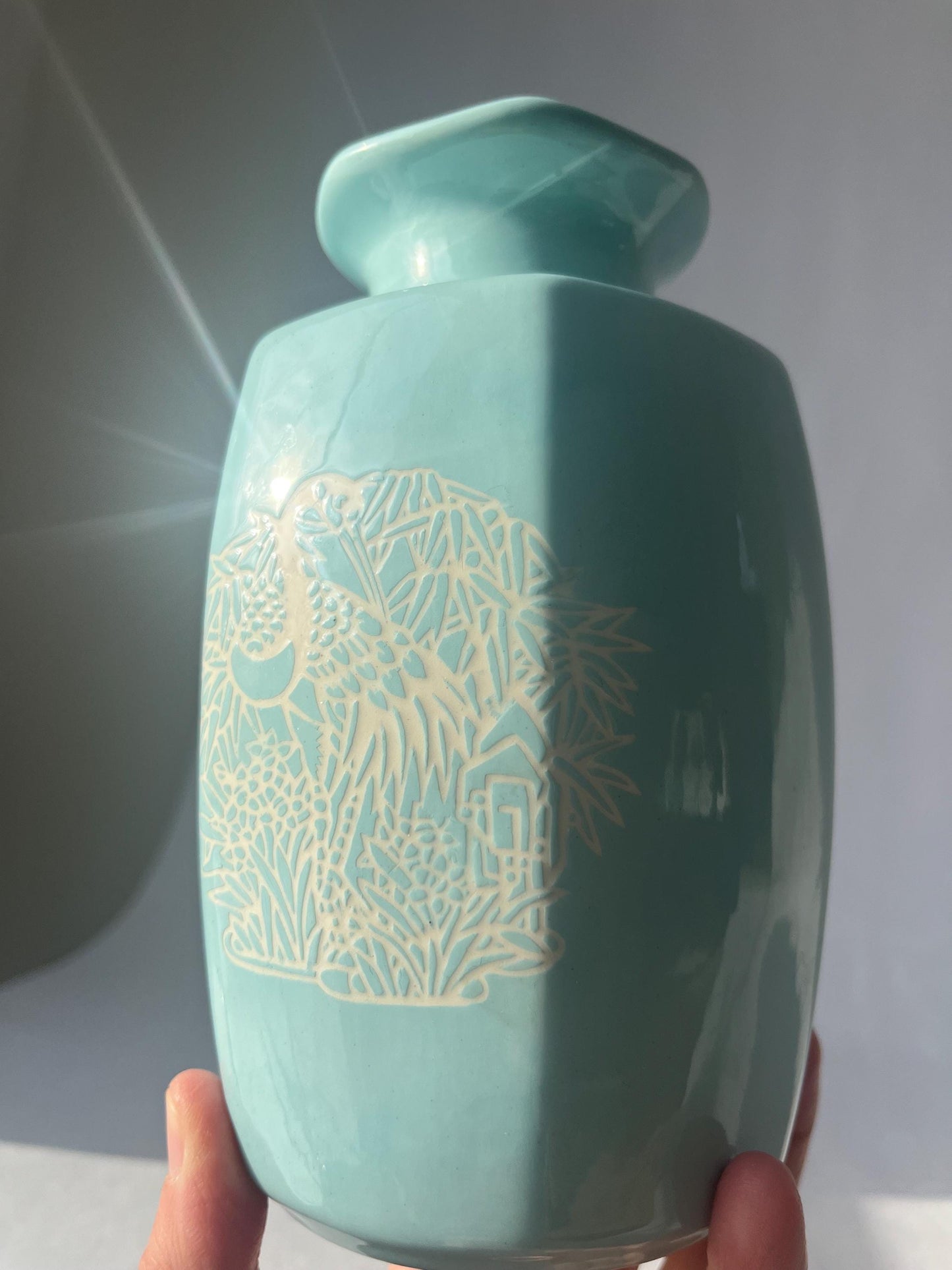 Lovely Mini Vintage Light Blue Vase Bird and Foliage